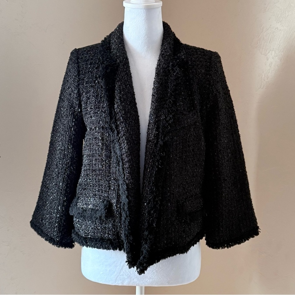 Milly Tweed Black & Silver Metallic Fringe Trim Open Blazer Jacket 3/4 Sleeve 6
